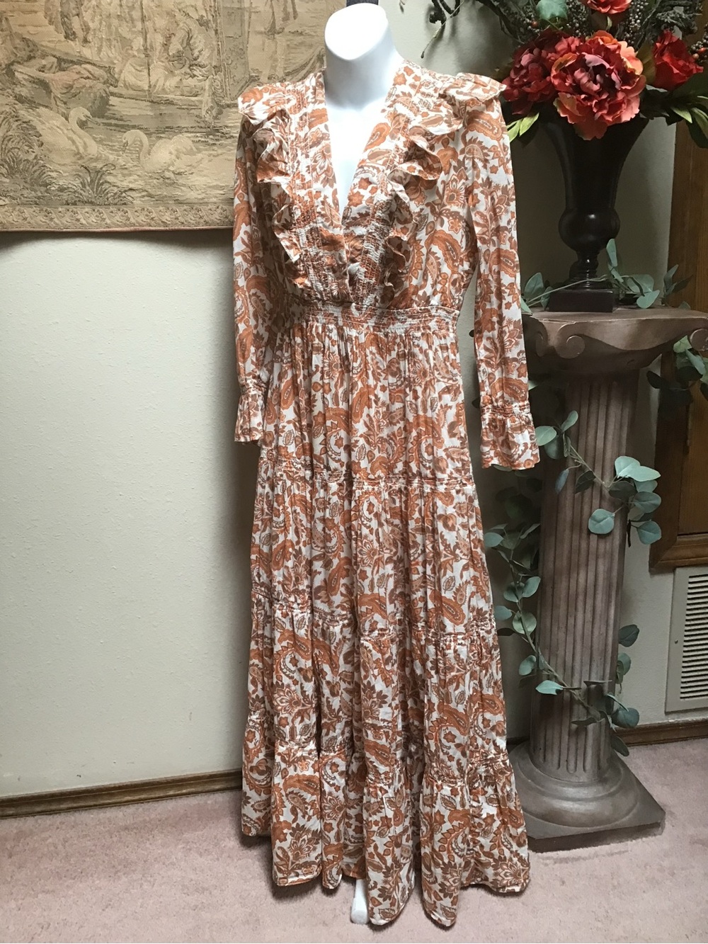 Maje Rust and Cream Paisley Ruffle Maxi Dress - Picture 2 of 8